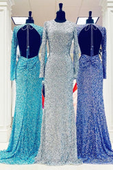 Modest Long Sleeves Sequins Mermaid Semi Formal Prom Dress